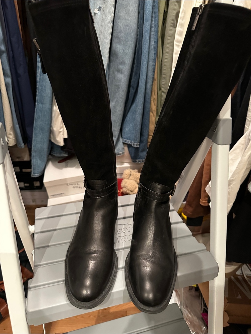 Tall Black Leather & Suede Riding Boots